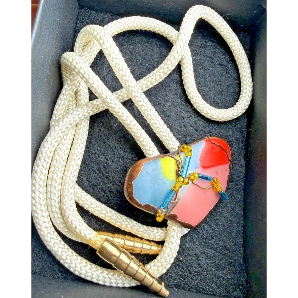 Artisan Handcrafted Fused Art Glass Bolo Tie Copper Wire Wrapped Bead White Cord